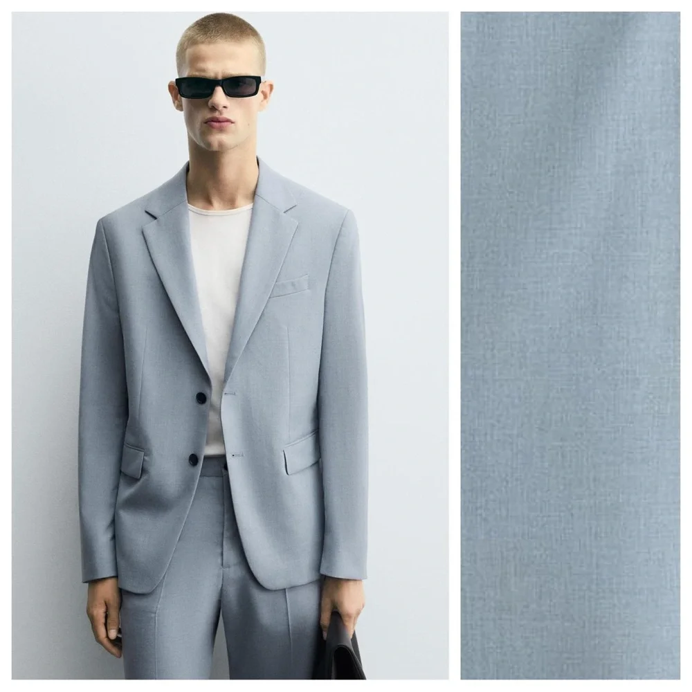 NWOT. Zara Man Sky Blue Viscose Blend Slim Fit Suit Blazer. Size 44.